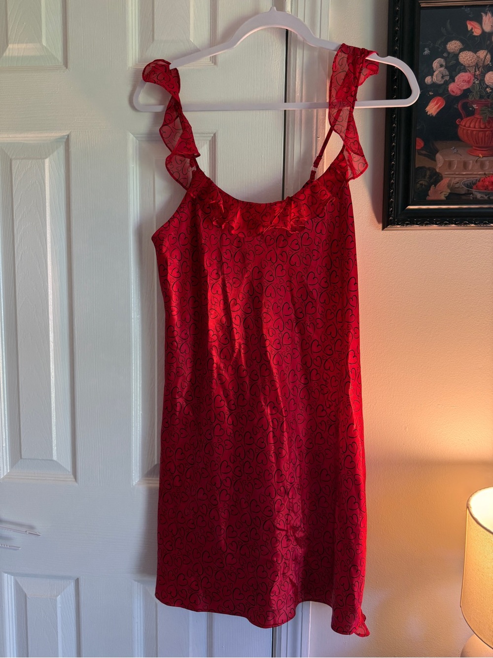 Morgan Taylor Red Satin Slip Dress with Heart Print